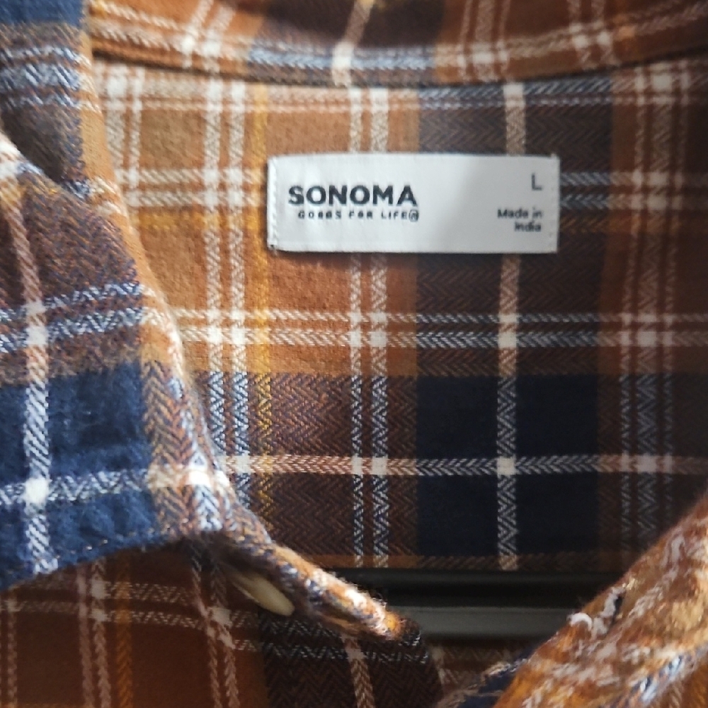 Sonoma Men's Plaid Super Soft Flannel  Button-Down Shirt - Brown and Blue. Large - Picture 2 of 5